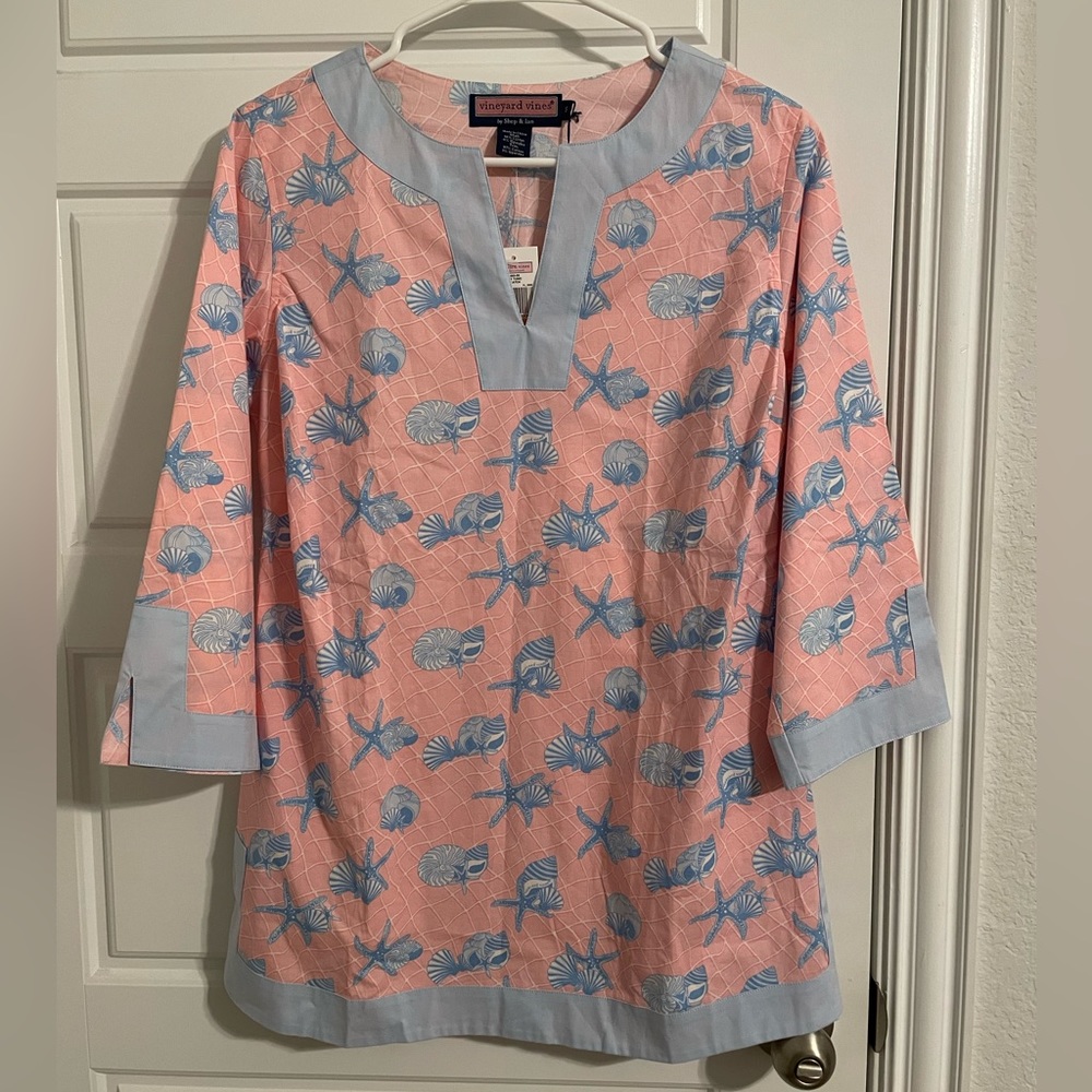 Vineyard Vines Pink & Blue Tunic Seashell Print Beach Cover Up Size Small NWT